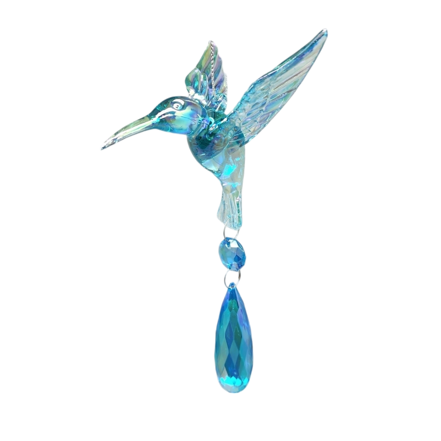 Acrylic hummingbird ornament in blue iridescence with hanging teardrop bead on Tampa Home & Garden Store