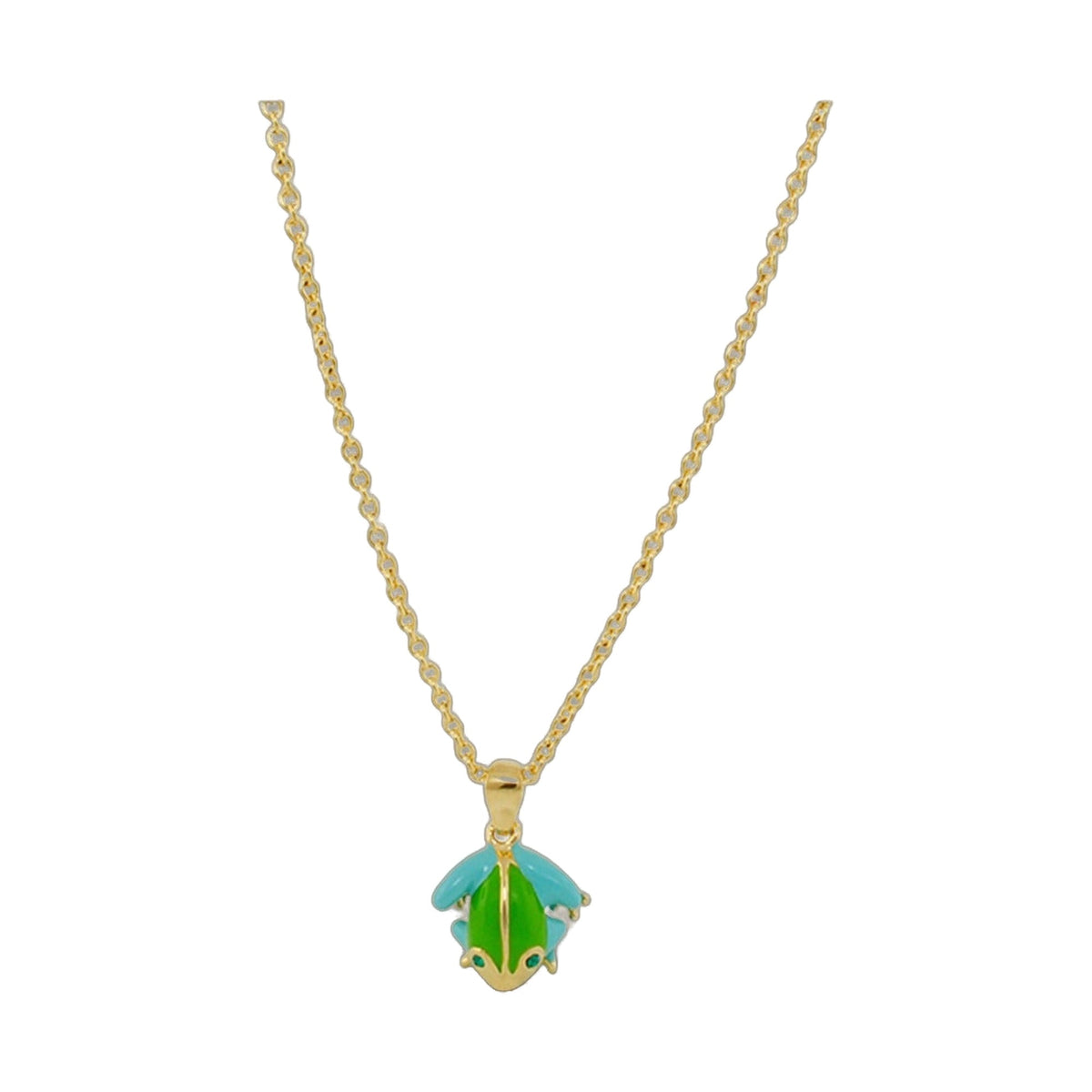 Dream Garden Necklace with gold-tone chain and teal-green frog pendant on Tampa Home & Garden Store