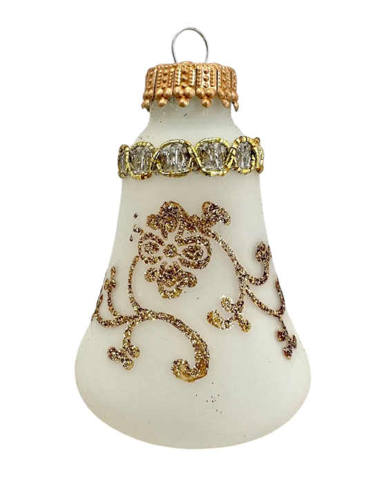 Bell ornament glass frosted white with gold glitterlace scrollwork and beaded cap on Tampa Home & Garden Store