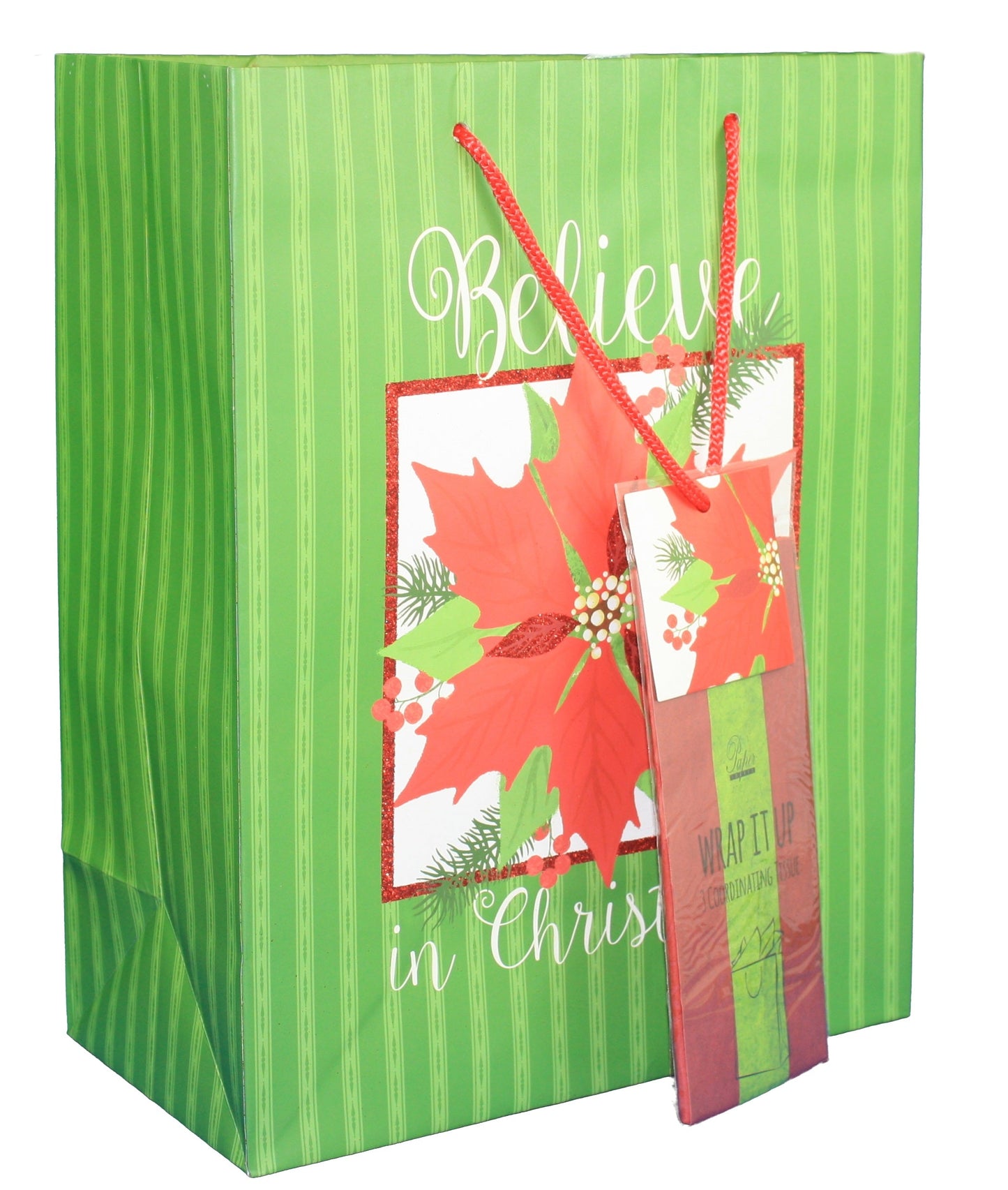 Large Gift Bag With Tissue Believe In Christmas green bag with red rope handles on Tampa Home & Garden Store