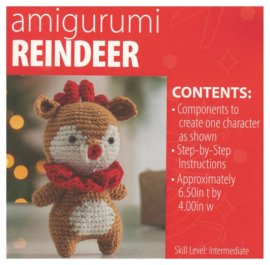 Amigurumi Reindeer crochet kit with red scarf, brown body and white belly on red packaging on Tampa Home & Garden Store