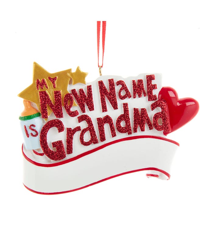 Personalized My New Name Is Grandma Ornament with red glitter text on white base and red heart on Tampa Home & Garden Store
