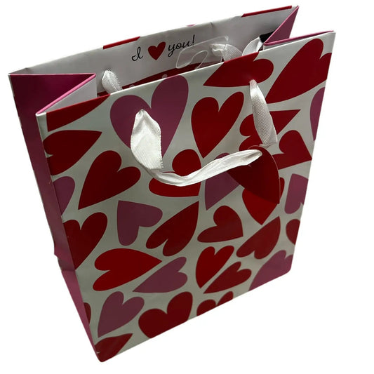 Heart Pattern Gift Bag with white ribbon handles and red pink hearts on Tampa Home & Garden Store