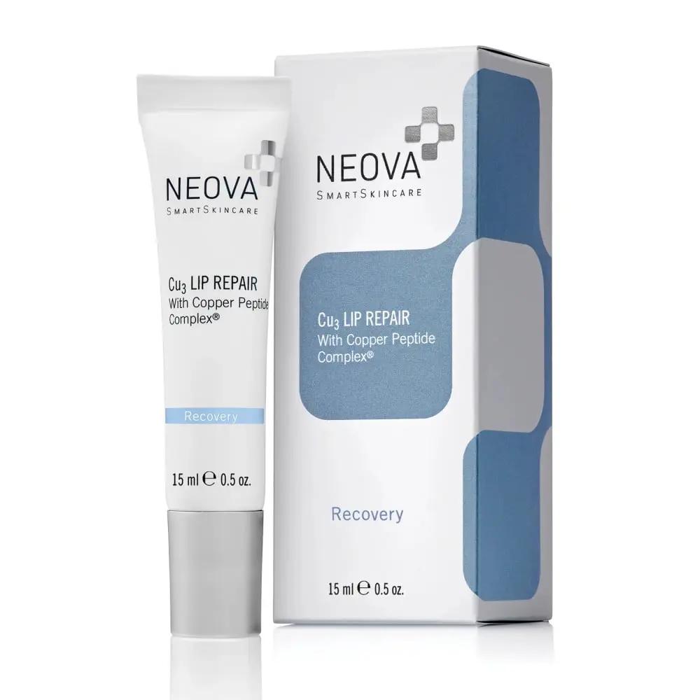 Neova Cu3 Lip Repair medicated lip treatment tube and box, white with blue accents, 15 ml on Tampa Home & Garden Store