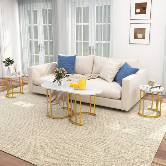 Nesting coffee tables set of 3 with faux marble tops and gold metal frames on Tampa Home & Garden Store