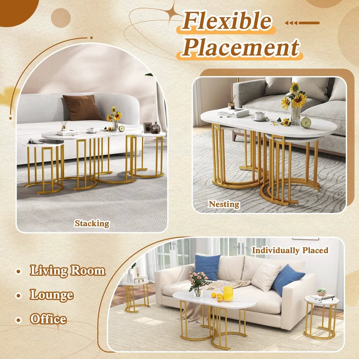 Nesting Coffee Tables 3-piece set with white faux marble tops and gold frames DirectDeals on Tampa Home & Garden Store