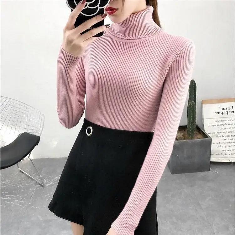 Stevvex pink ribbed knit turtleneck jumper top with long sleeves, worn with black skirt on Tampa Home & Garden Store