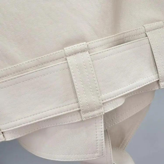Stevvex cream PU leather motorcycle jacket belt detail close-up on Tampa Home & Garden Store
