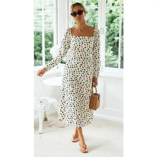 Leopard print dot long sleeve midi dress by Stevvex with black spots, square neck and slit on Tampa Home & Garden Store