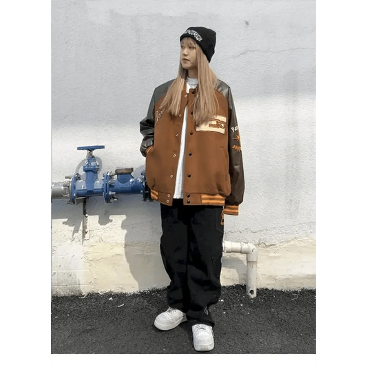 Stevvex varsity jacket color block brown gray sleeves patchwork pocket unisex streetwear on Tampa Home & Garden Store