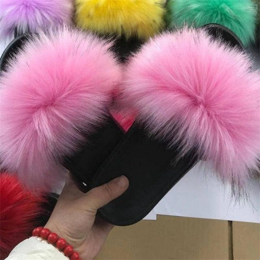 Stevvex fluffy fur slippers pink pom-pom slides for indoor warmth with anti-slip sole on Tampa Home & Garden Store