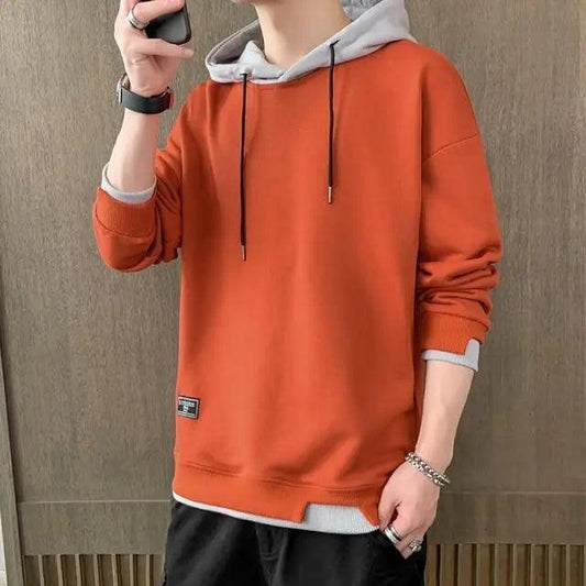 Stevvex men's orange pullover hoodie with gray hood lining and black drawstrings on Tampa Home & Garden Store