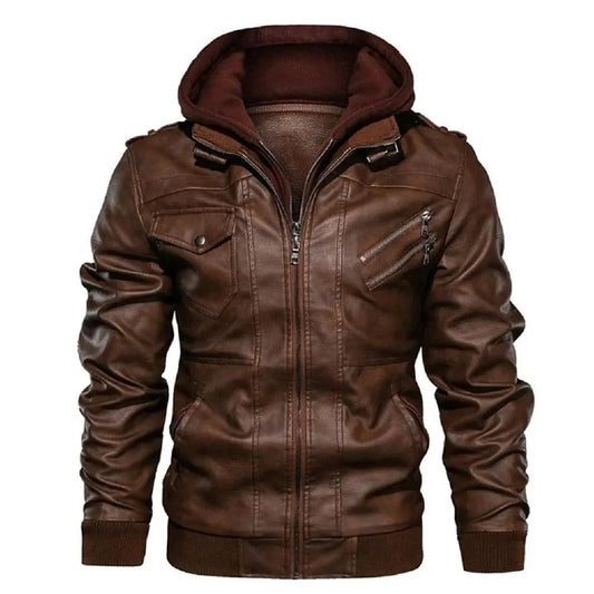 Men's PU leather motorcycle jacket Stevvex brown with removable hood on Tampa Home & Garden Store