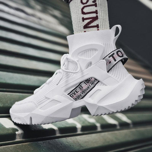 White mesh men's sneakers with sock-style knit collar, chunky non-slip sole and side strap on Tampa Home & Garden Store