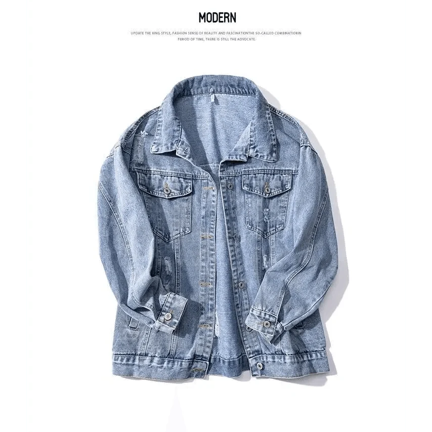 Stevvex women's denim trucker ST93337LOJ, light-wash with ripped holes and patchwork on Tampa Home & Garden Store