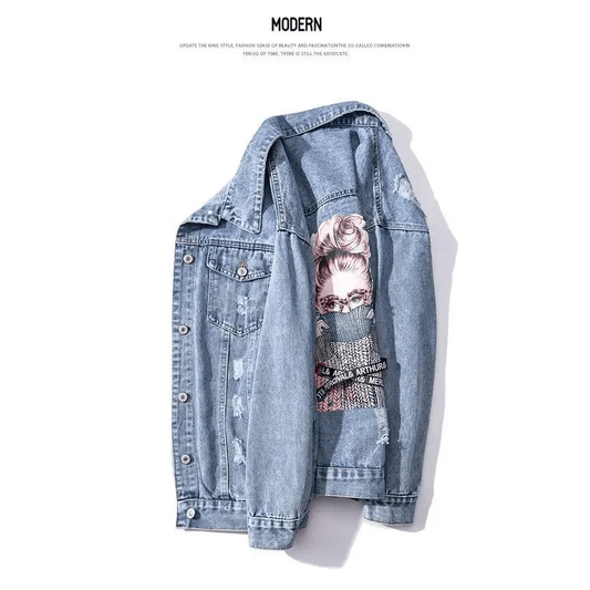 Stevvex denim trucker jacket with distressed holes and bold printed graphic panel on Tampa Home & Garden Store