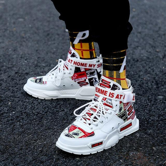 Sneakers white with red graphic patches and chunky sole lace-up sports footwear on Tampa Home & Garden Store
