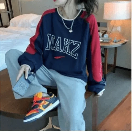 Stevvex oversized sweatshirt navy blue with red sleeves NAKZ embroidery long sleeve crew neck on Tampa Home & Garden Store