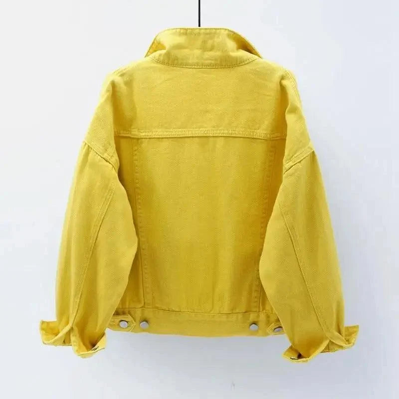 Denim trucker jacket yellow by Stevvex, back view, oversized loose fit casual outerwear on Tampa Home & Garden Store