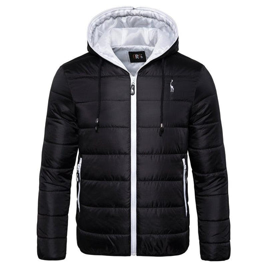 Men's waterproof hooded puffer jacket black with white zipper and inner lining chest logo on Tampa Home & Garden Store