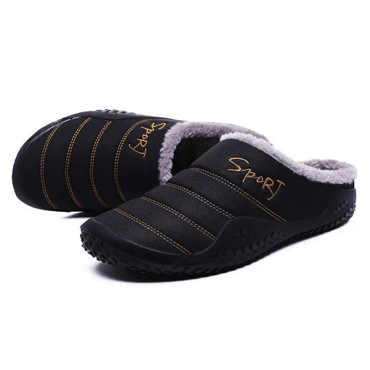 Stevvex men's black winter slippers with plush fur lining, slip-on indoor shoes, non-slip sole on Tampa Home & Garden Store