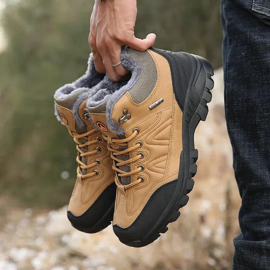 Winter men's hiking shoes tan suede upper with plush gray lining and rugged outsole on Tampa Home & Garden Store