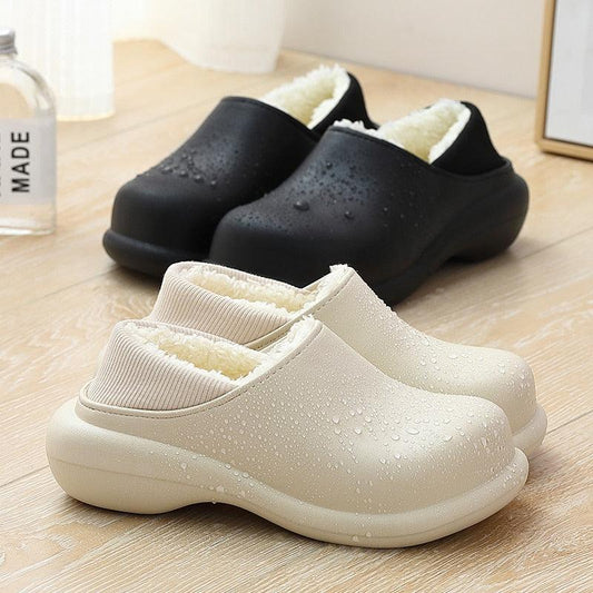Stevvex women's plush memory-foam slippers cream and black with fluffy lining and thick sole on Tampa Home & Garden Store