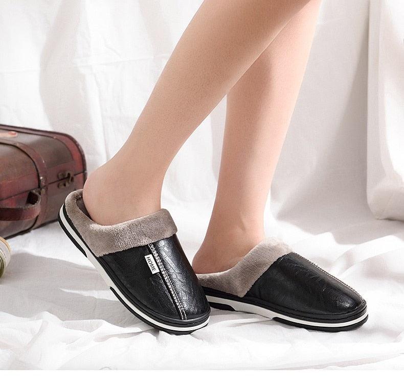 Slippers Stevvex PU leather with grey plush lining, memory foam, slip-on indoor shoes on Tampa Home & Garden Store