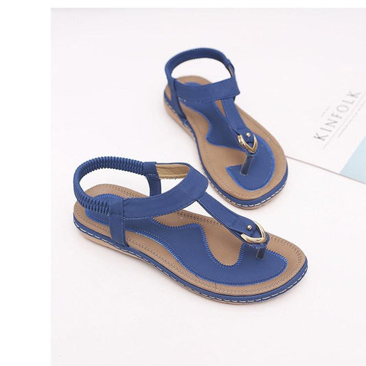 Stevvex blue women's sandals with T-strap and ankle elastic, tan footbed, comfy on Tampa Home & Garden Store
