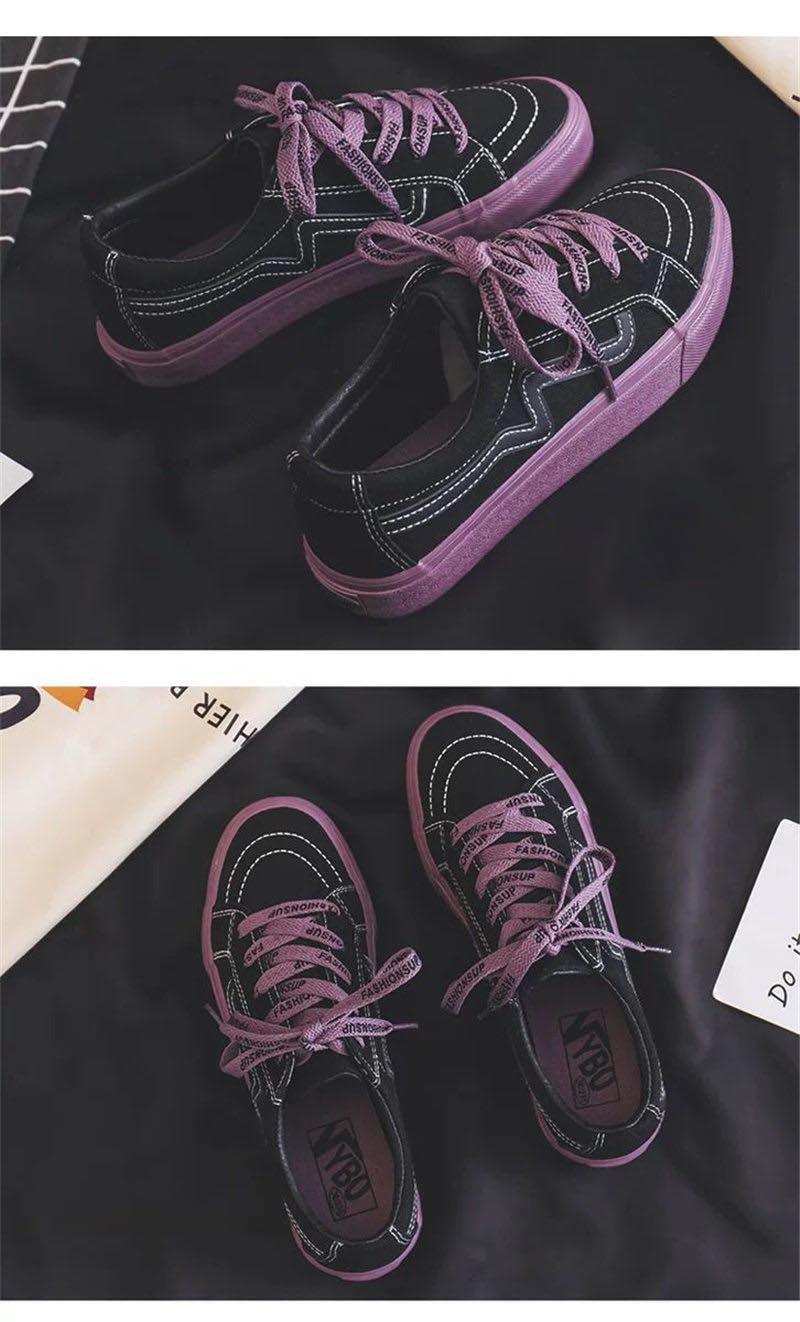 Stevvex black canvas sneakers with purple sole and laces, white stitching, low-top platform pair on Tampa Home & Garden Store