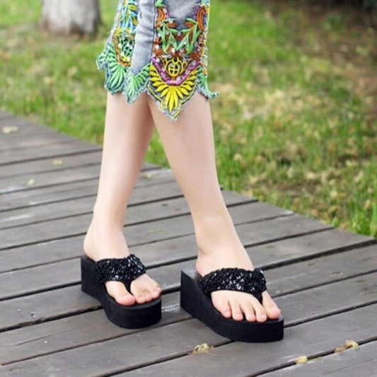 Women platform slide sandals by Stevvex with black sequin strap, thick sole for indoor wear on Tampa Home & Garden Store