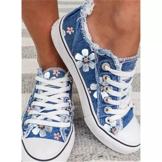 Stevvex women's floral denim canvas sneakers lace-up blue denim with white flowers on Tampa Home & Garden Store
