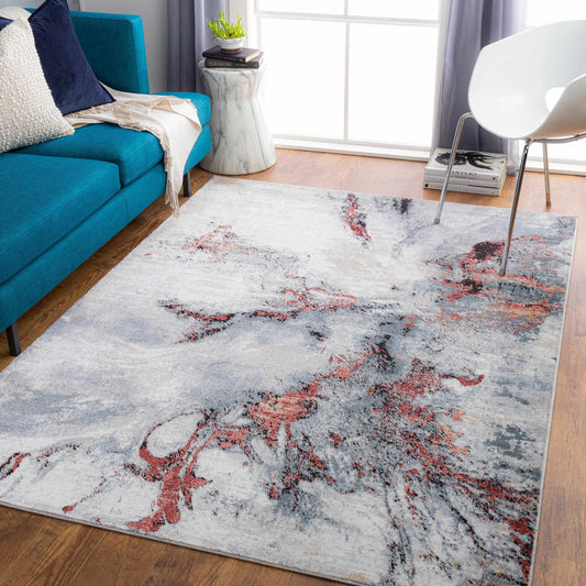 Kirkland Marble Rug in Silver and Red by Boutique Rugs, modern abstract marble pattern on Tampa Home & Garden Store