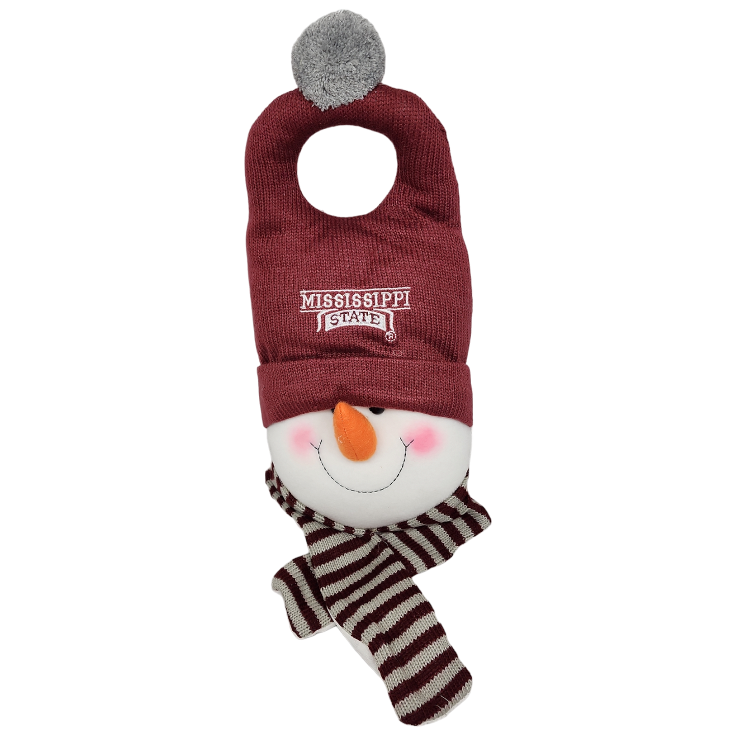 Plush snowman door hanger wearing maroon knit hat with Mississippi State logo and striped scarf on Tampa Home & Garden Store