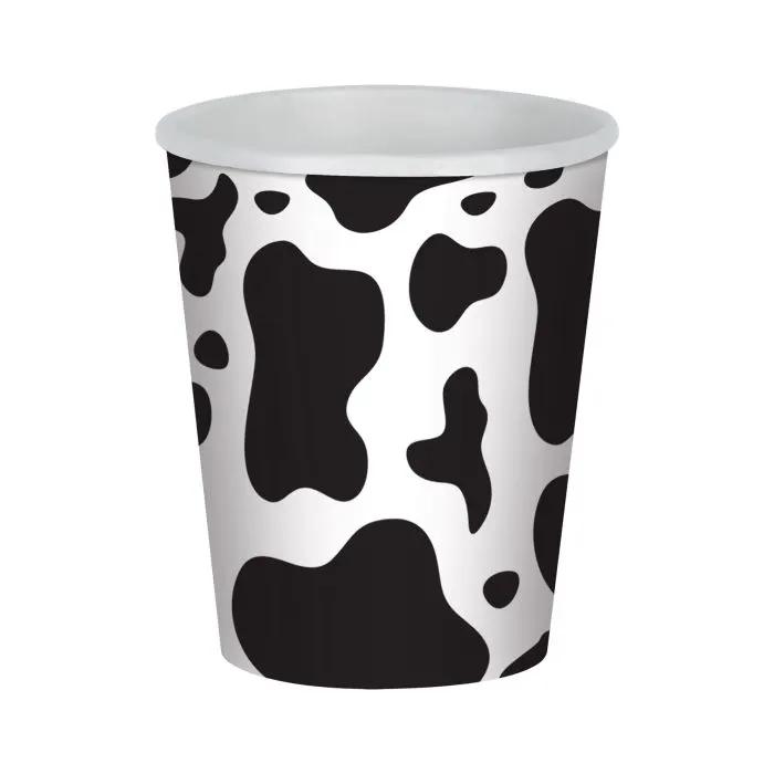 Cow print 9 oz disposable cup for hot or cold beverages with black and white cow pattern on Tampa Home & Garden Store