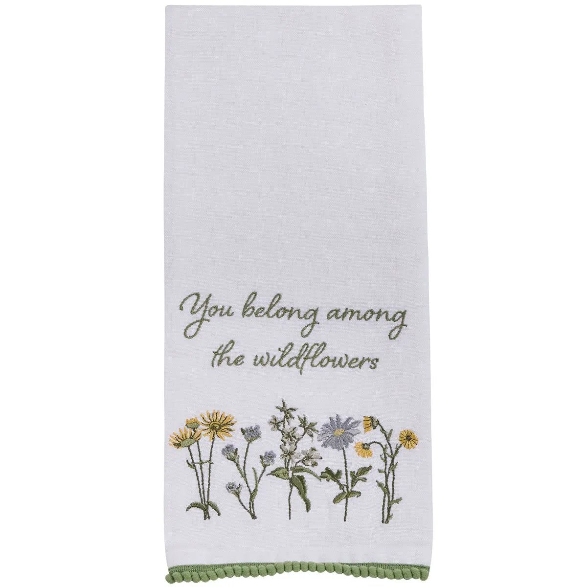 You Belong Among the Wildflowers dishtowel with green script and floral band on Tampa Home & Garden Store
