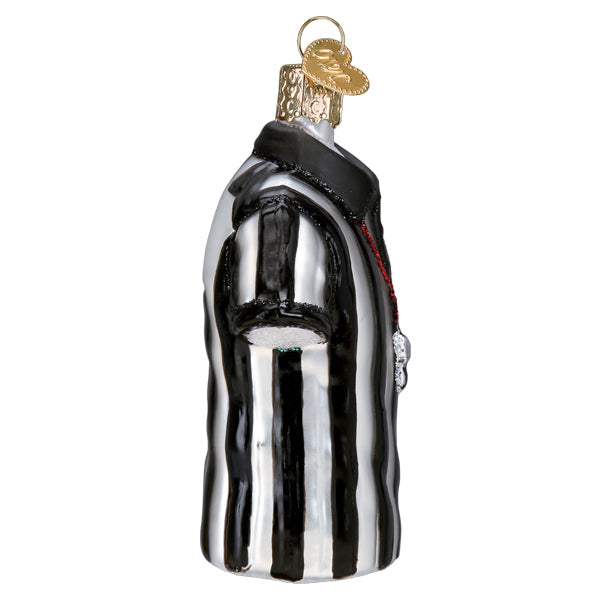 Referee shirt glass ornament in black and white stripes with gold cap, officials gift on Tampa Home & Garden Store