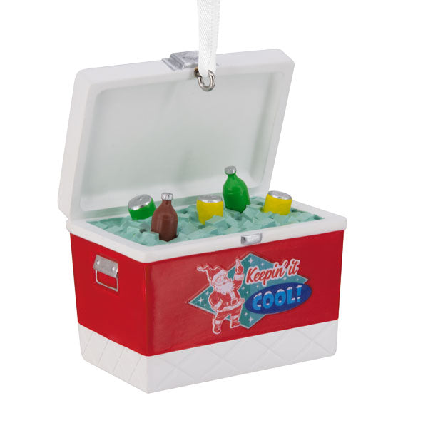 Keepin' It Cool Ice Chest Ornament, red cooler with ice and mini bottles, hanging ribbon on Tampa Home & Garden Store