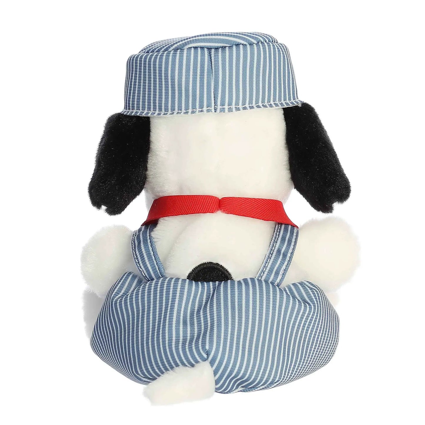 Snoopy Train Engineer Palm Pal plush with blue striped hat and overalls, red ribbon on Tampa Home & Garden Store