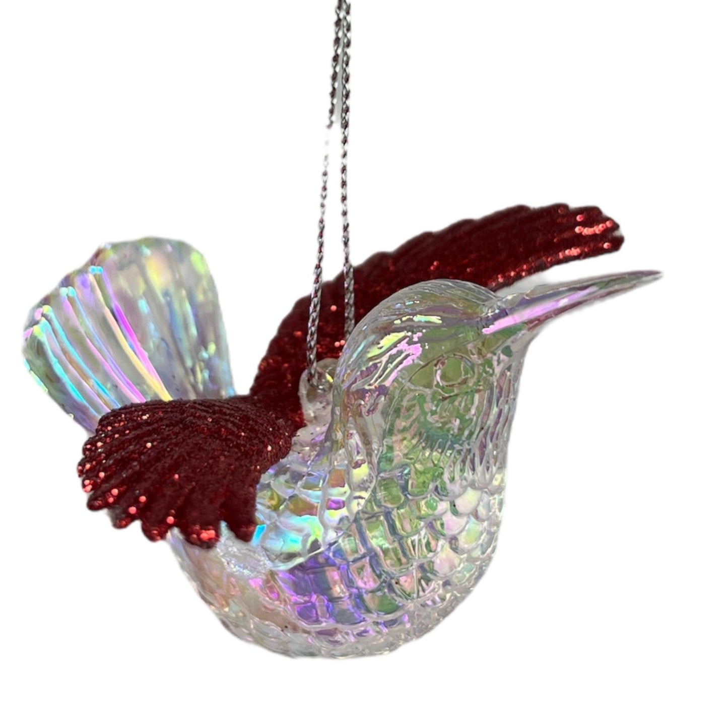 Adorno de colibrí de alas rojas y transparentes