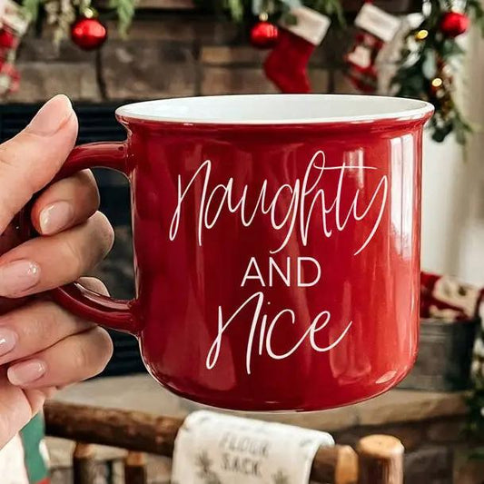 Naughty and Nice ceramic campfire mug, red glaze with white script by Gia Roma on Tampa Home & Garden Store