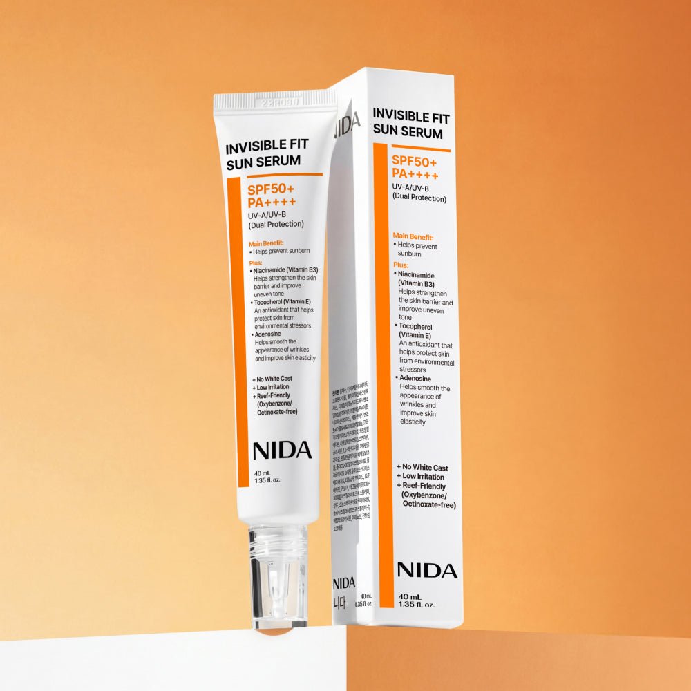 NIDA Invisible Fit Sun Serum 40ml tube and box with SPF50+ PA++++ orange accents on Tampa Home & Garden Store