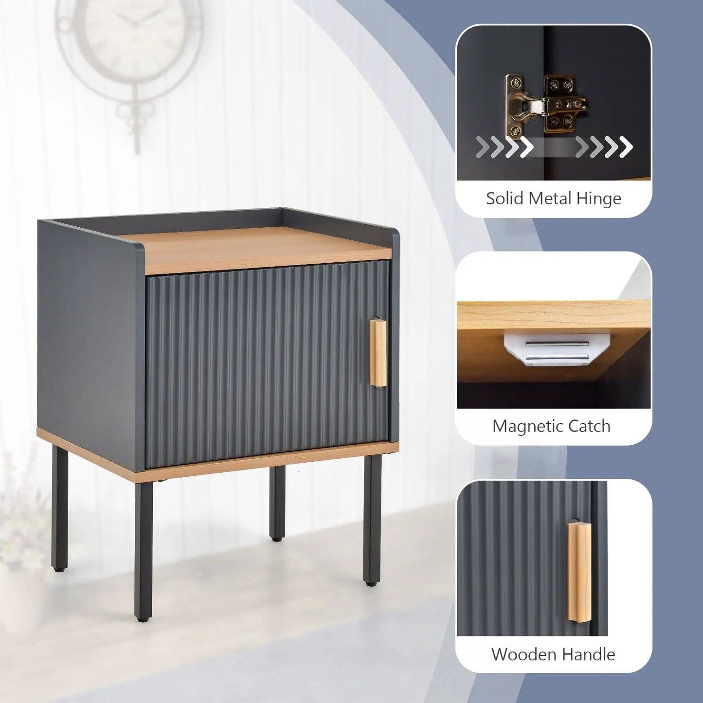 Nightstand Bedside Table with Door Cabinet Gray, ribbed front panel, wood top and handle on Tampa Home & Garden Store