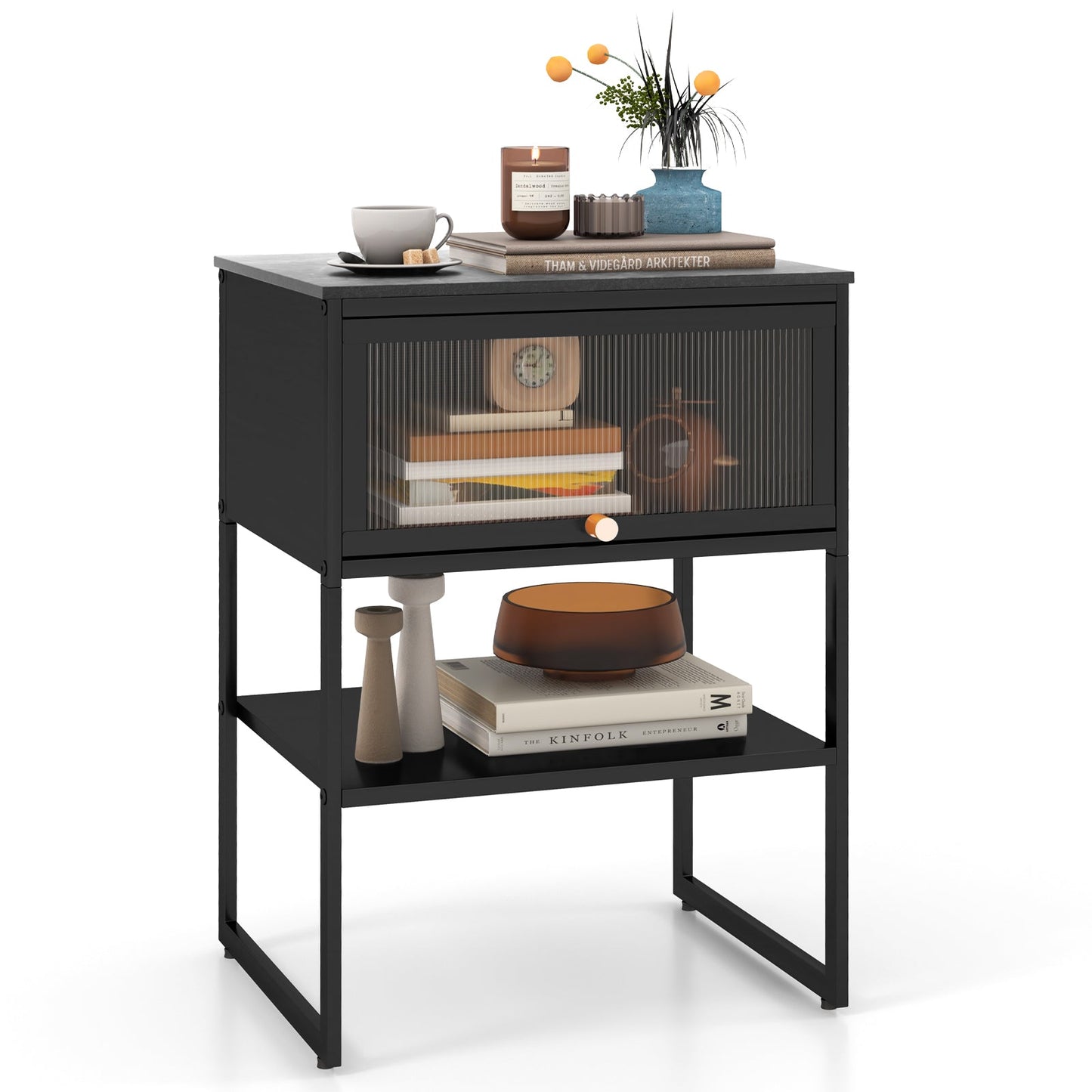Nightstand with Flip up Door Storage Shelf-White