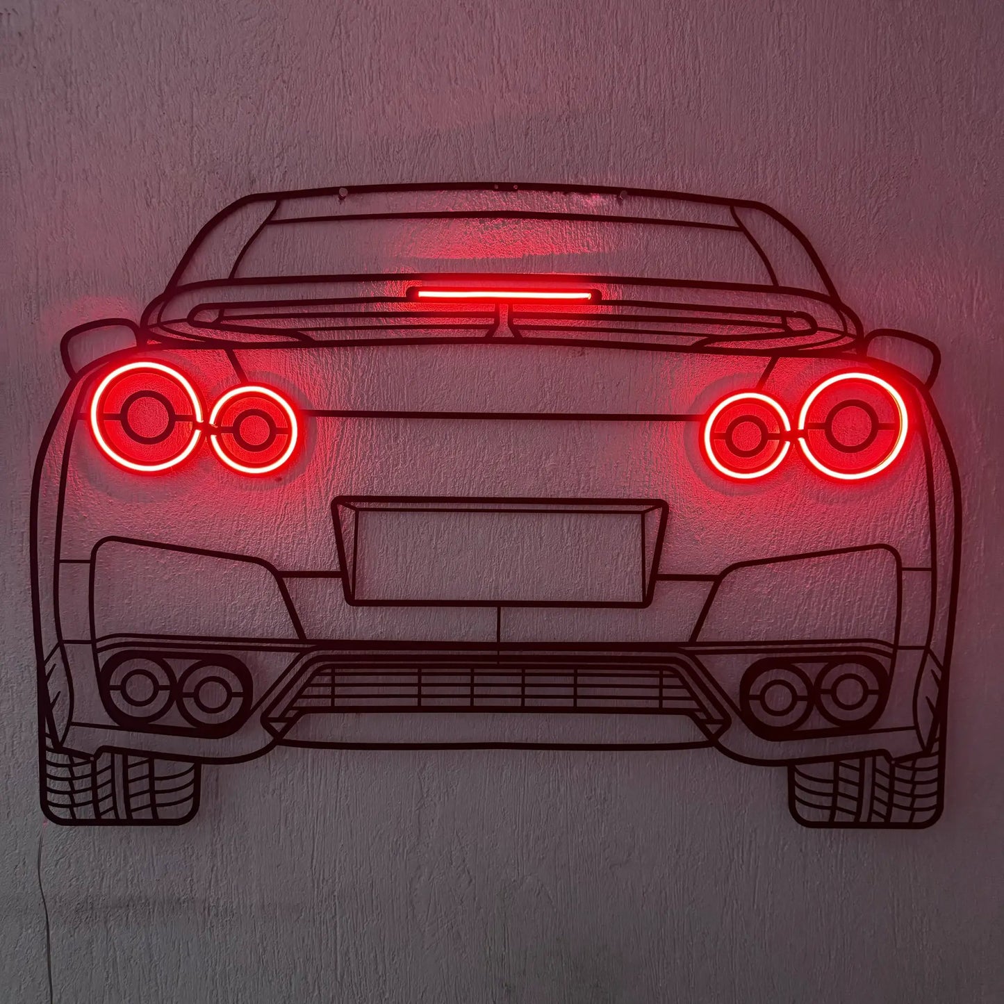 Gtr R35 Back View Metal Neon Car Wall Art by Modello Turbo with red neon tail lights on Tampa Home & Garden Store