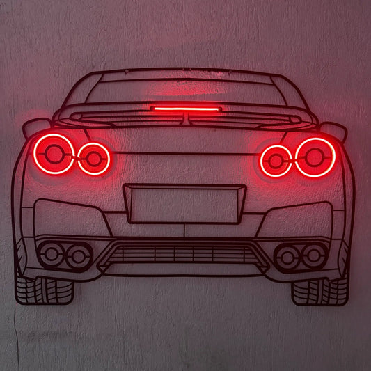 Gtr R35 Back View Metal Neon Car Wall Art by Modello Turbo with red neon tail lights on Tampa Home & Garden Store