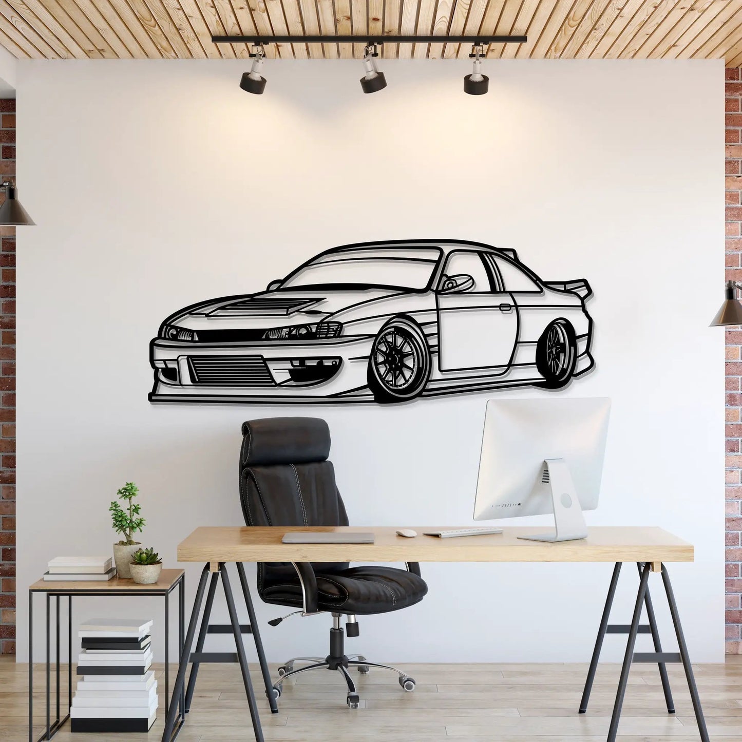 1994 Silvia S14 Drift Perspective Metal Wall Art in black line drawing on white backdrop on Tampa Home & Garden Store