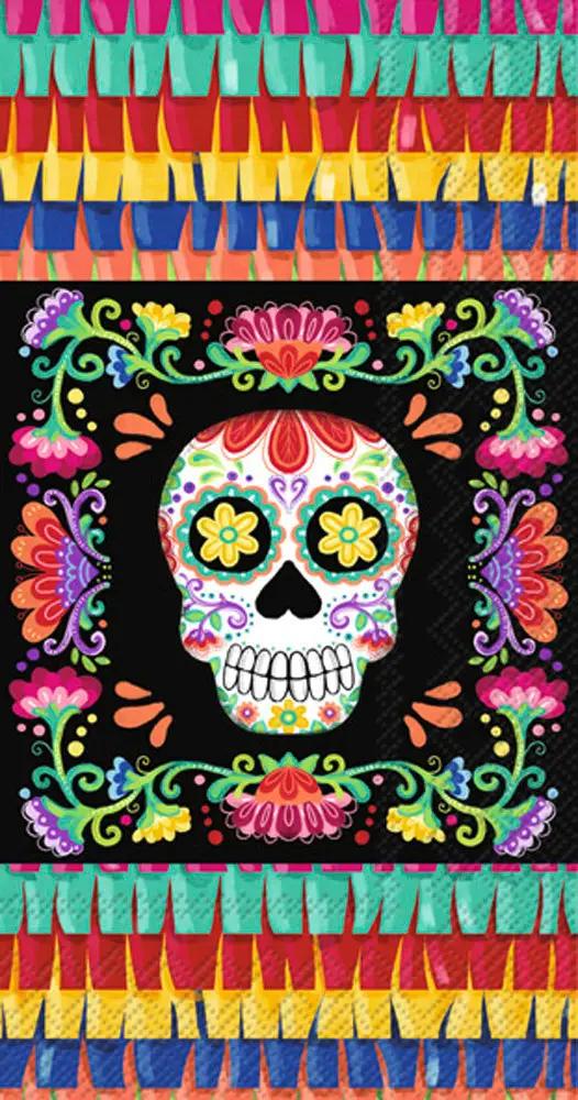 No Vida Cantina Guest Towels 16 Pack 3 Ply with sugar skull design and papel picado banners on Tampa Home & Garden Store