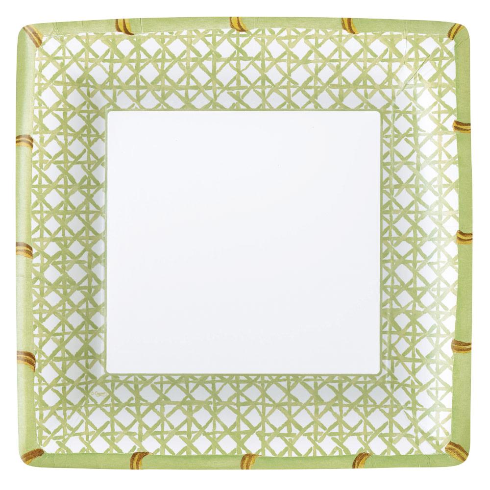 Square Trellis Dinner Plate with pale green lattice border and white center disposable on Tampa Home & Garden Store