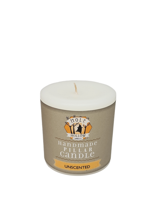 Mole Hollow unscented pillar candle white handmade with Mole Hollow Candles label on Tampa Home & Garden Store
